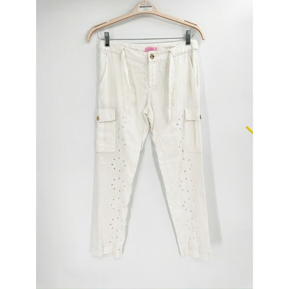 Lilly Pulitzer Ziva White Linen Eyelet Tie Waist Cargo Pants Size 0 - Picture 2 of 5